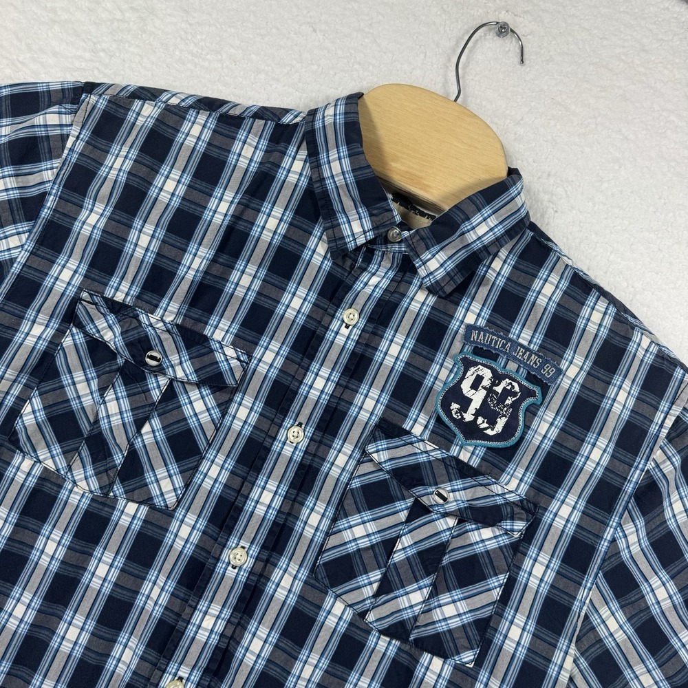 Nautica Jeans Co Shirt Mens L Blue Plaid Embroidered Patch Button Up Preppy